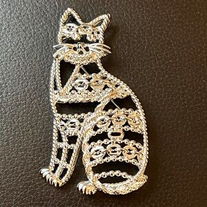 Vintage AJC Openwork Filigree Cat Brooch Signed Whimsical Figural Kitten Pin